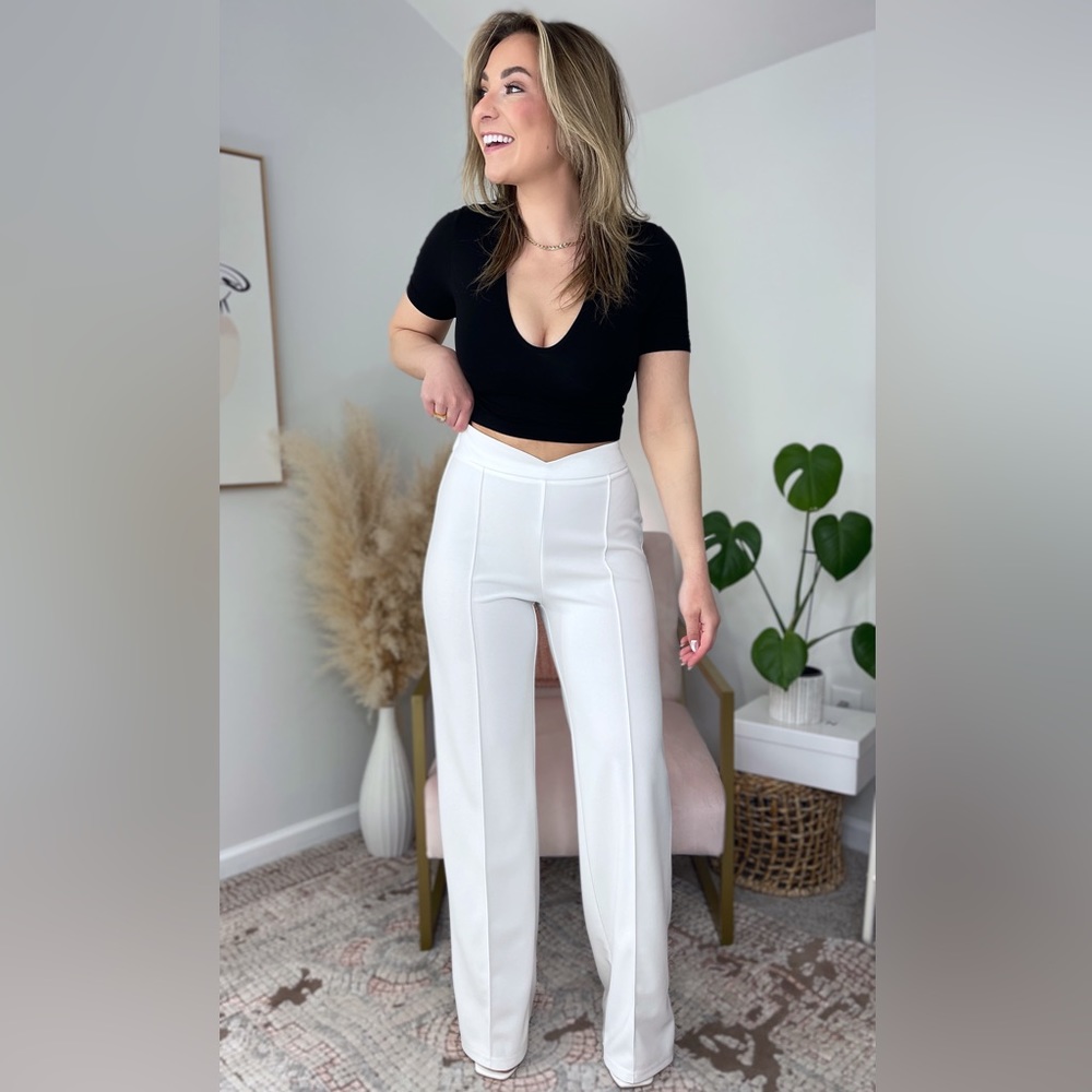 Amazon Vetinee High Waisted Wide Leg Pull On Sitched Crease Trousers, 6, White